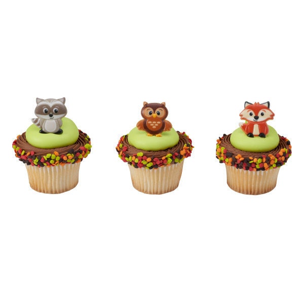 12 WOODLAND ANIMALS Cupcake Rings Birthday Raccoon Fox Owl Cake Toppers Party Decoration Picks