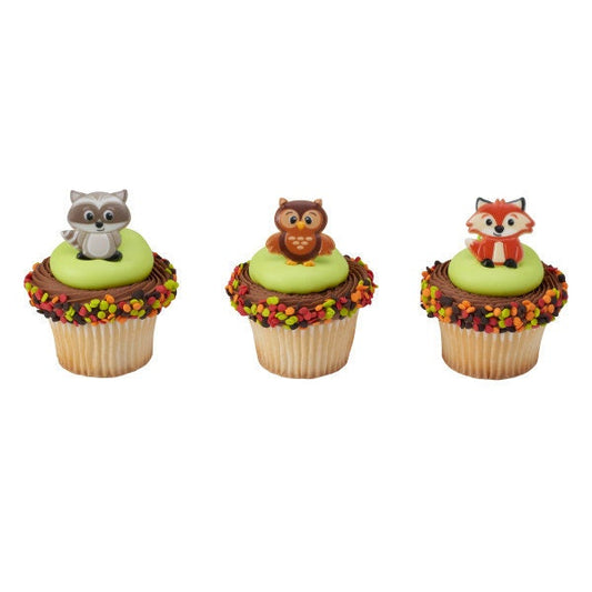 12 WOODLAND ANIMALS Cupcake Rings Birthday Raccoon Fox Owl Cake Toppers Party Decoration Picks Craft Supply