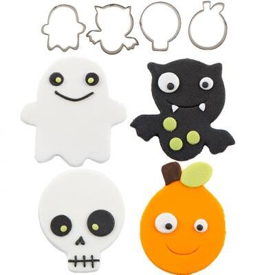 Cutie Cupcake Halloween Cutter Set - Bat, Ghost, Skull, Pumpkin -- For cakes, cupcakes, and cookies.  Fondant OR Gumpaste Craft Supply