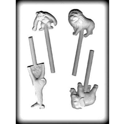 ZOO ANIMALS Sucker Hard Candy Mold -- Elephant Giraffe Lion Monkey Circus Lolly Lollipop