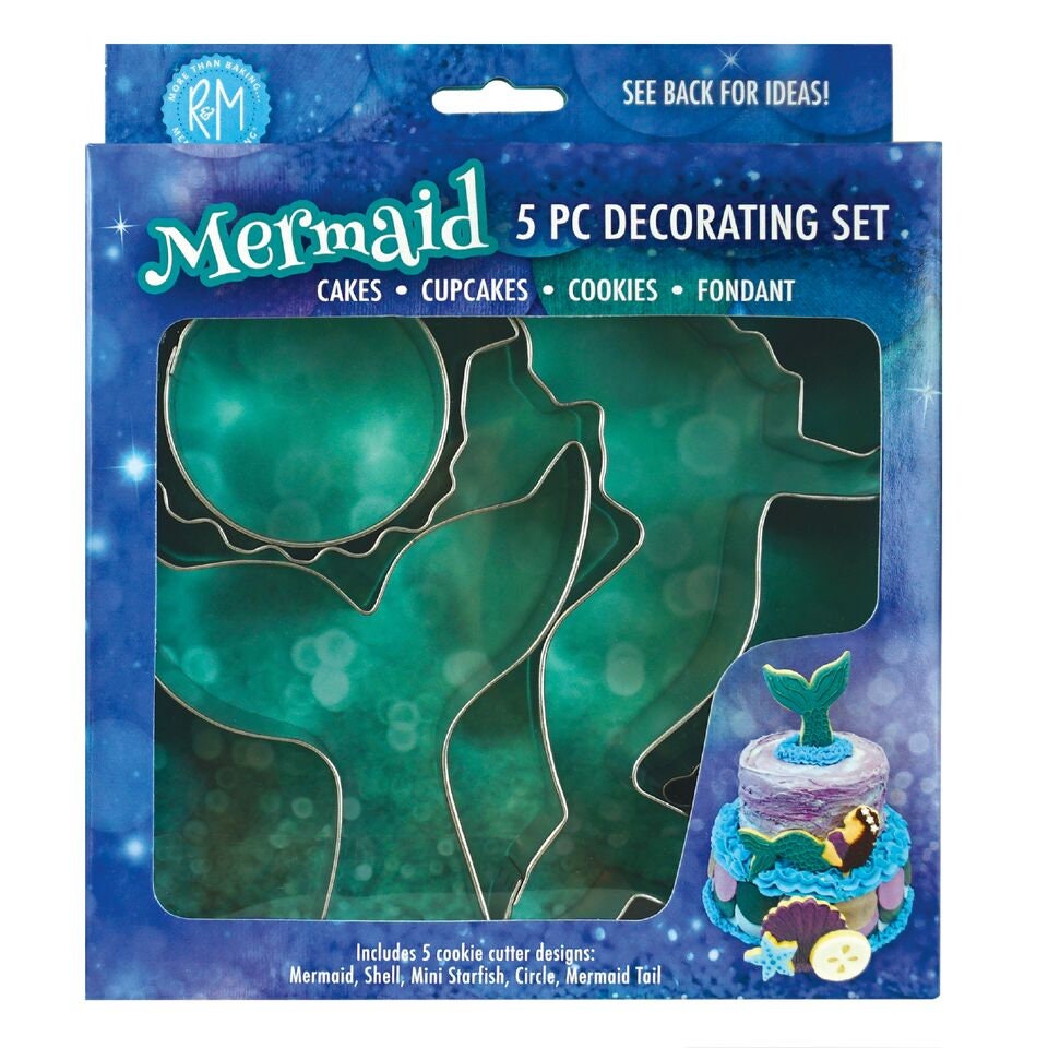 MERMAID Cookie Cutters, Shell, Mini Starfish, Circle, Mermaid Tail 5-Piece Set Metal - Cakes Cupcakes Cookies Fondant Birthday Party