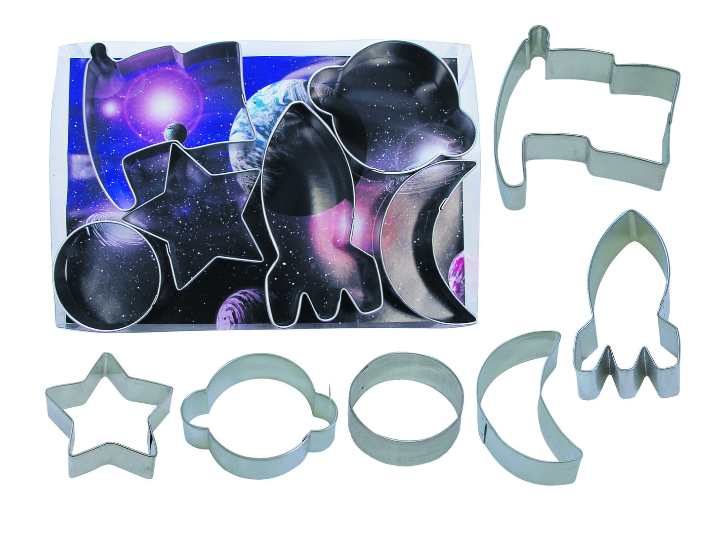 SPACE Cookie Cutters, Rocket, Star, Crescent Moon, Flag, Planet, Circle, 6-Piece Set Metal - Cakes Cupcakes Cookies Fondant Birthday Party
