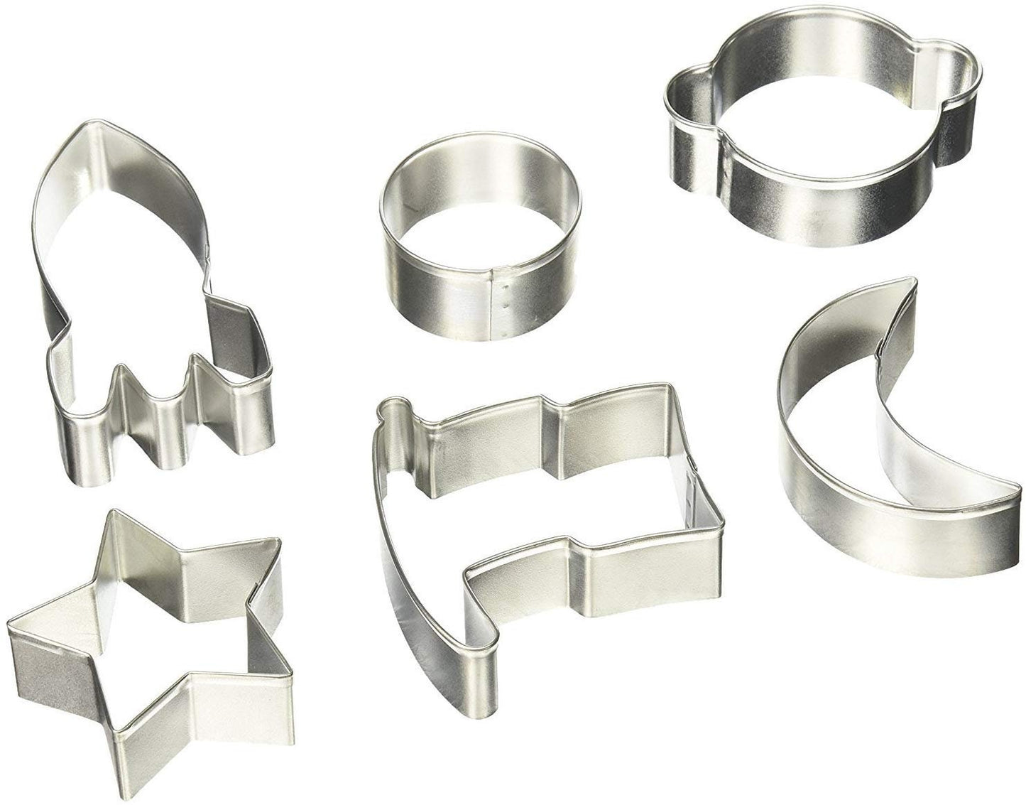 SPACE Cookie Cutters, Rocket, Star, Crescent Moon, Flag, Planet, Circle, 6-Piece Set Metal - Cakes Cupcakes Cookies Fondant Birthday Party