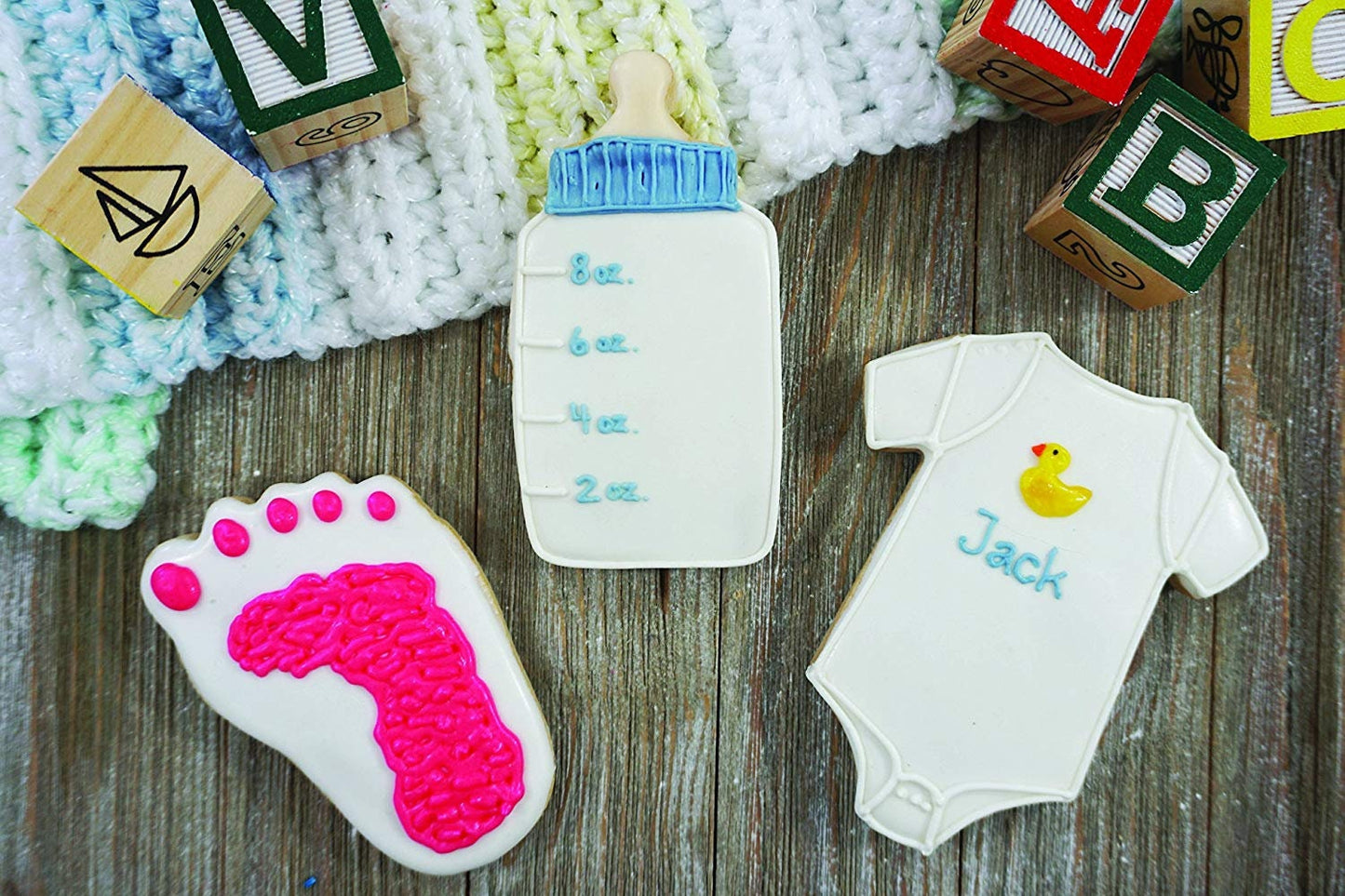 BABY Cookie Cutters, Onesie, Bottle, Foot, 3-Piece Set - Cakes Cupcakes Cookies Fondant Party