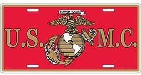 U.S.M.C. Red Logo Metal License Plate - Semper Fi USMC - Military Vet Veteran - United States Marine Corps