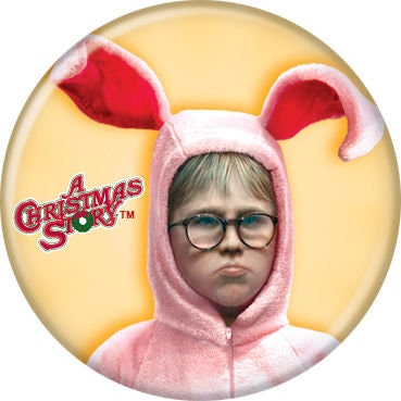 CHRISTMAS STORY Pinback Button Badge - Ralphie Pink Bunny - Classic Movie! - Round 1.25" Button