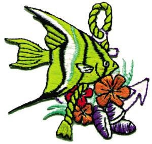 Green Tropical Fish with Flowers and Rope Patch - Embroidered Patch Applique Sea Life Aquatic Ocean Sea