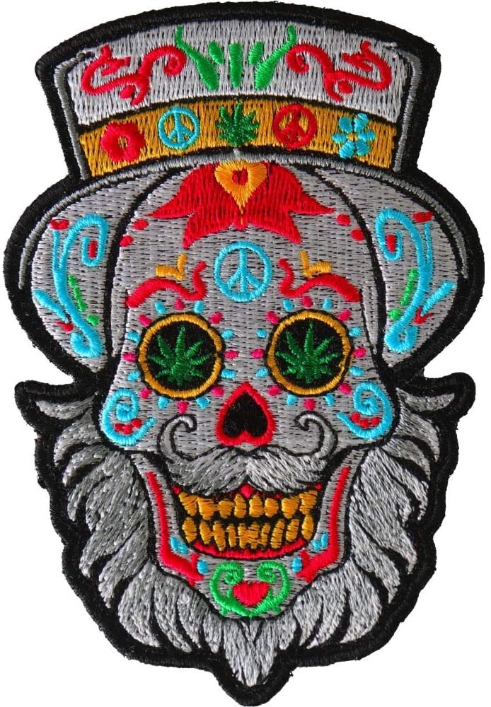BEARDED SUGAR SKULL With Hat Patch - Weed Eyes Marijuana Sugar Skull Embroidered Patch