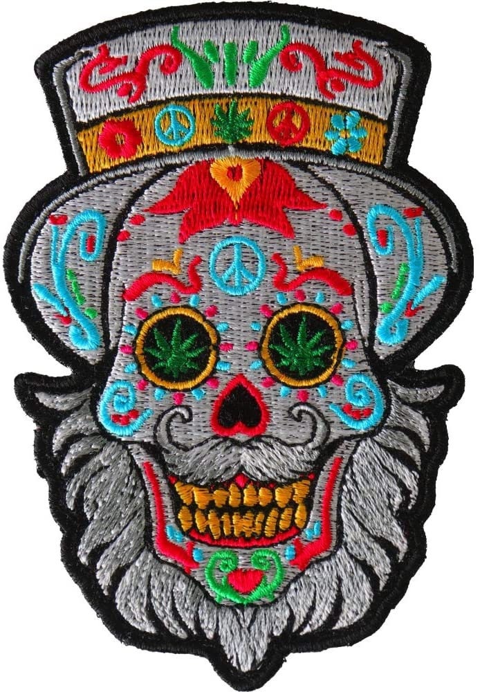 BEARDED SUGAR SKULL With Hat Patch - Weed Eyes Marijuana Sugar Skull Embroidered Patch Craft Supply