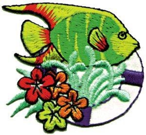 Green Tropical Fish with Flowers Patch - Embroidered Patch Applique Sea Life Aquatic Ocean Sea