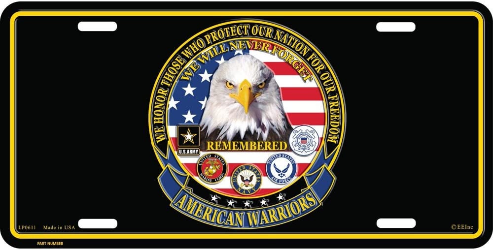AMERICAN WARRIORS Military Metal License Plate - Nations Freedom Patriotic Military Navy Marines Army Coast Guard