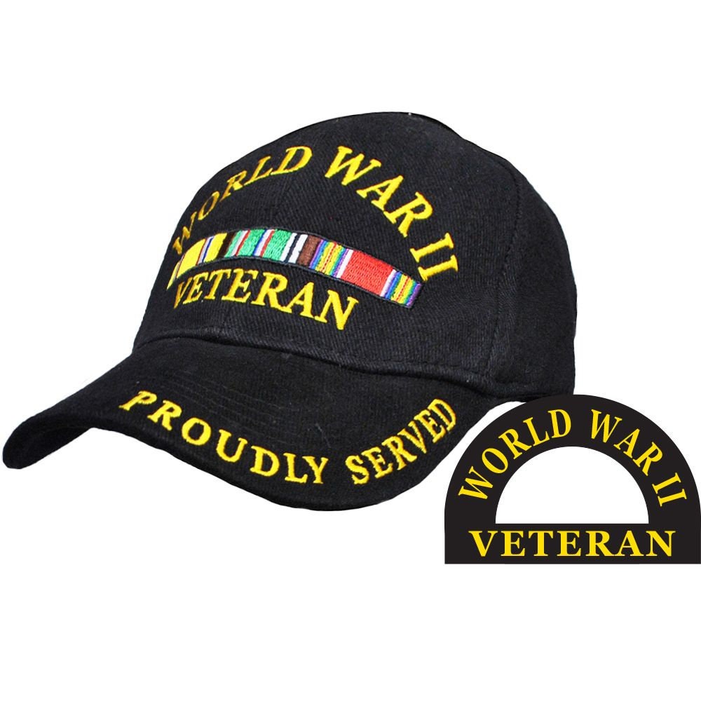 World War II Veteran Embroidered Cap Hat - United States Military WWII with Ribbon Veteran Vet Hat Proudly Served