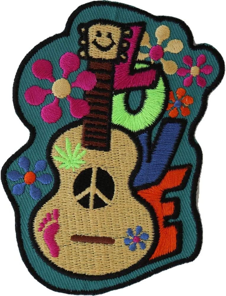 Love Guitar Patch - Retro Peace Sign Hippie Love Guitar Embroidered Patch