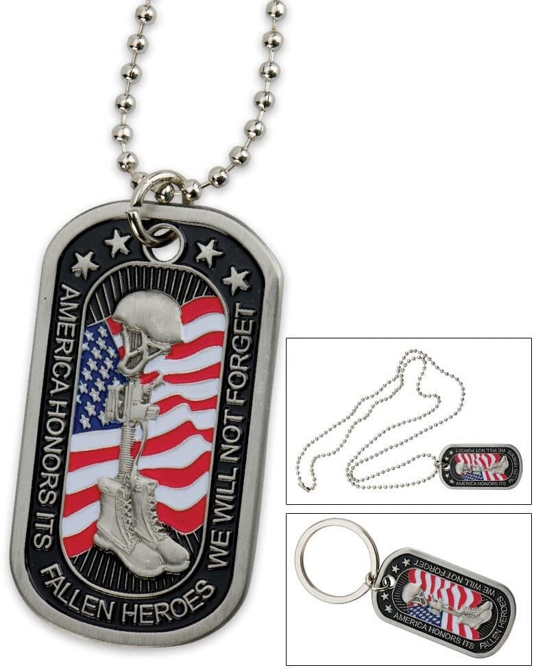 America Honors Fallen Heroes Dog Tag With Chain - United States Military Armed Forces Veteran Vet Dog Tag Necklace