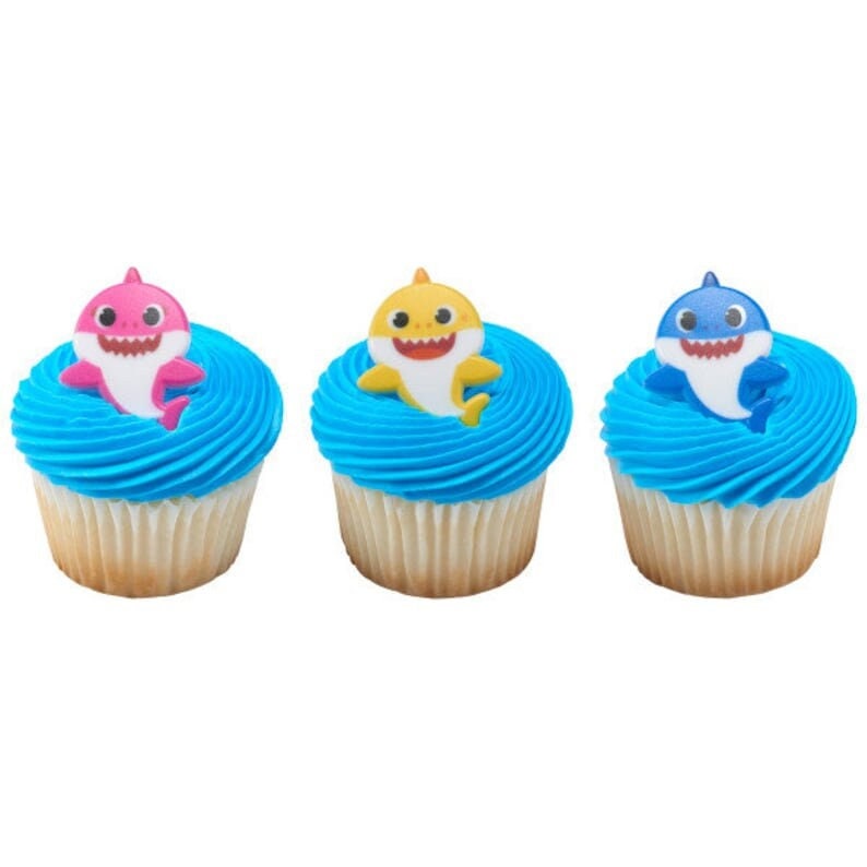 12 BABY SHARK Cupcake Rings Cake Toppers for Birthday Party Decoration - Baby Shark Mommy, Daddy and Baby