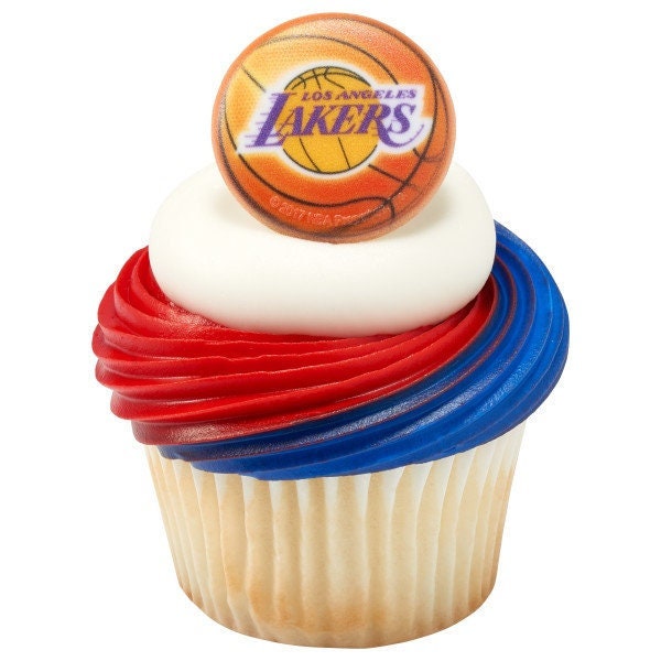 12 LA LAKERS Cupcake Rings NBA Los Angeles Cake Toppers for Birthday Party Decoration Craft Supply