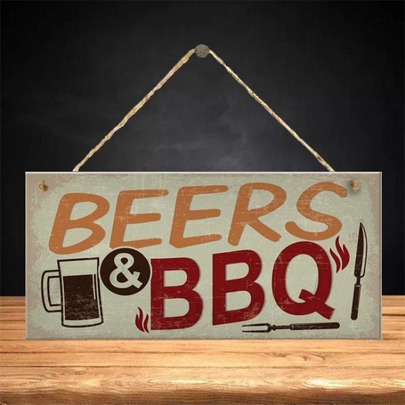 Beers & BBQ Wood Plaque - Sign Approx 4x8 - Wooden Hanging Plaque Home Decoration Room Decor Craft Supply