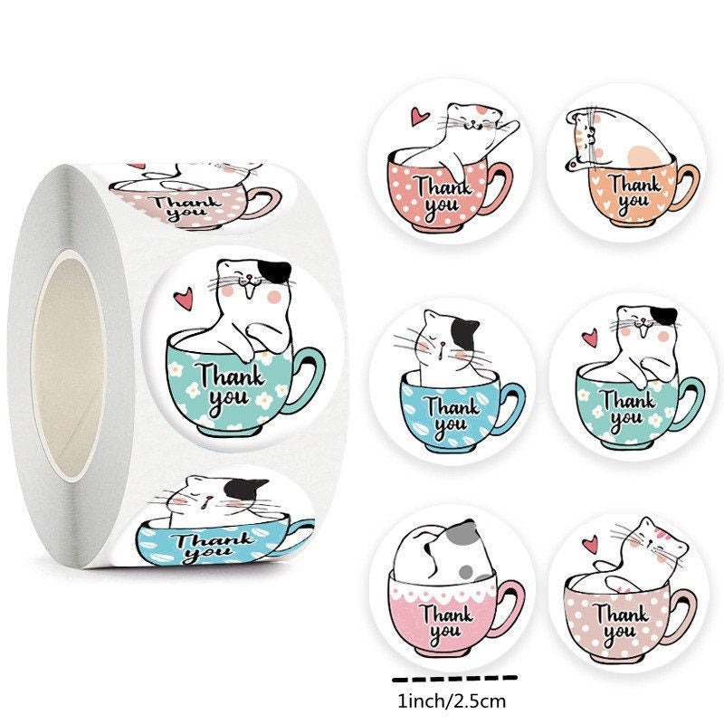 50 Thank You Cat In Cup Stickers - Small 1" Teacher Reward Stickers, Incentive Roll Sticker For School Party Craft Supply