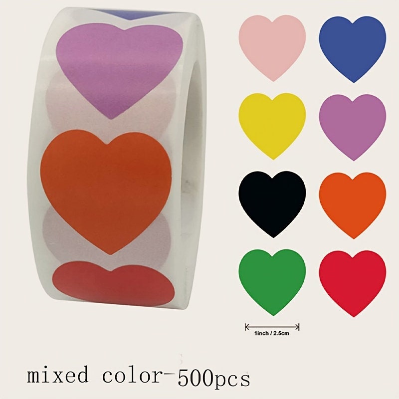 500 Colorful Heart Stickers Roll Multi Color - Small 1" Valentines Hearts Love Stickers Sticker For School Party Gift Wrapping Craft Supply
