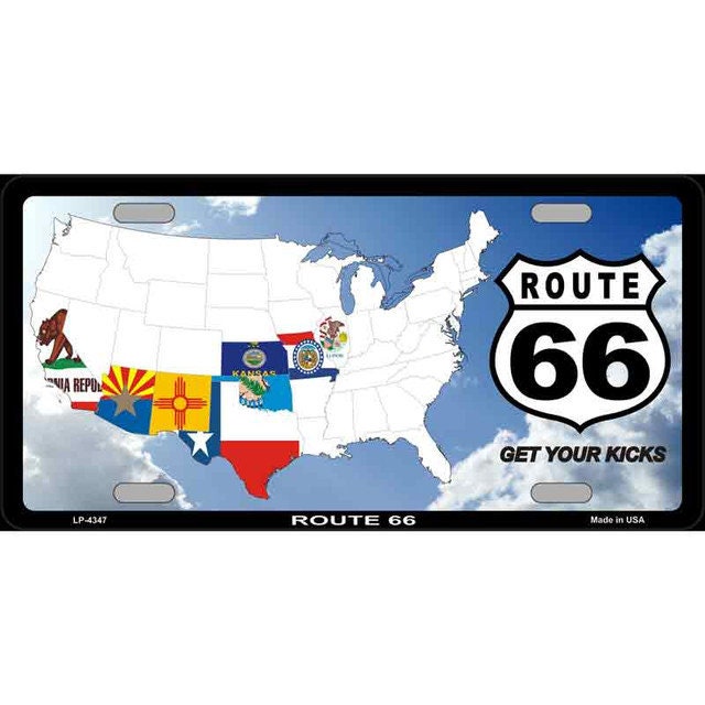 ROUTE 66 With 8 Flags Metal License Plate Sign Novelty Vanity Craft Supply