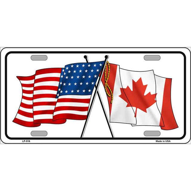 USA / Canada Crossed Flags Metal License Plate Sign Novelty Vanity Craft Supply