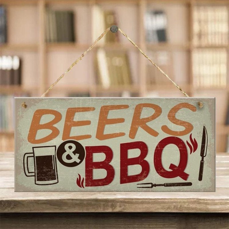 Beers & BBQ Wood Plaque - Sign Approx 4x8 - Wooden Hanging Plaque Home Decoration Room Decor Craft Supply