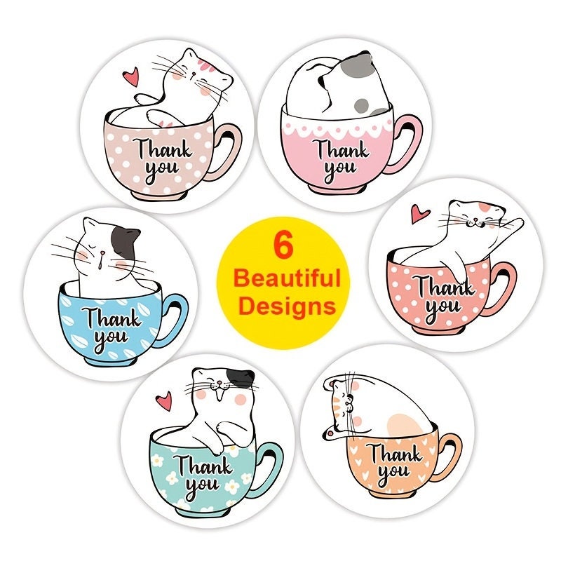 50 Thank You Cat In Cup Stickers - Small 1" Teacher Reward Stickers, Incentive Roll Sticker For School Party Craft Supply