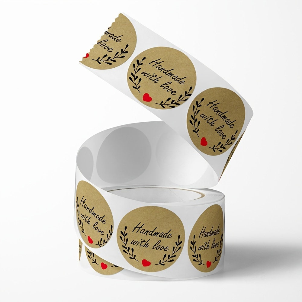 500 Hand Made With Love Stickers - Small 1" Stickers with Heart, Scrapbooking Roll Sticker For School Party Craft Supply