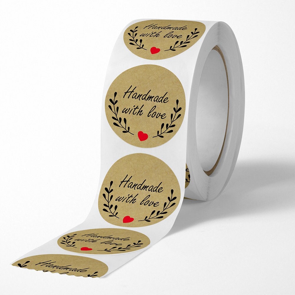 500 Hand Made With Love Stickers - Small 1" Stickers with Heart, Scrapbooking Roll Sticker For School Party Craft Supply