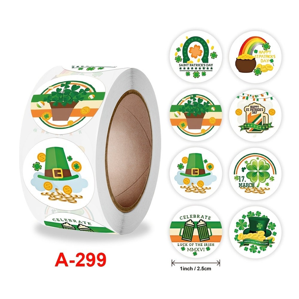 500 St. Patrick's Day Stickers - Small 1" Stickers 8 Designs, Envelope Seals Scrapbooking Label Roll Sticker Craft Supply
