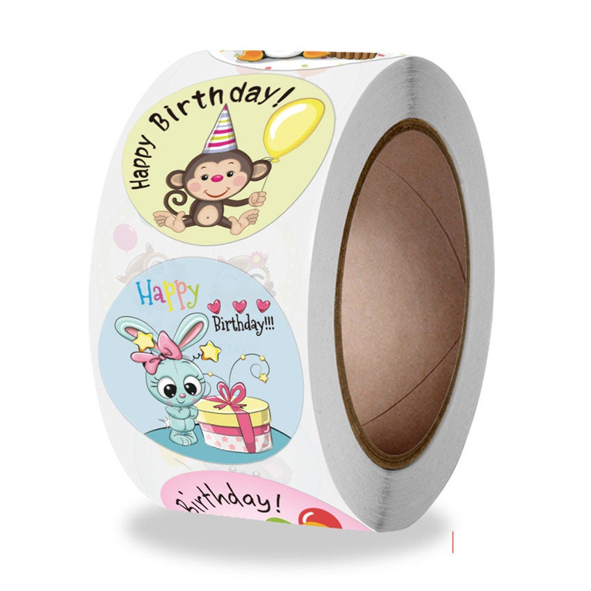 500 Happy Birthday Stickers - Small 1" Stickers 8 Designs, Envelope Seals Cute Cartoon Kids Scrapbooking Label Roll Sticker Craft Supply