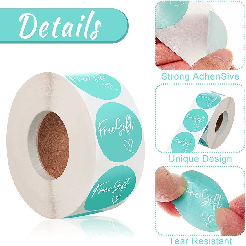 500 Free Gift Stickers - Small 1" Stickers Blue with Heart, Freebie Free Sample Small Business Roll Sticker Craft Supply
