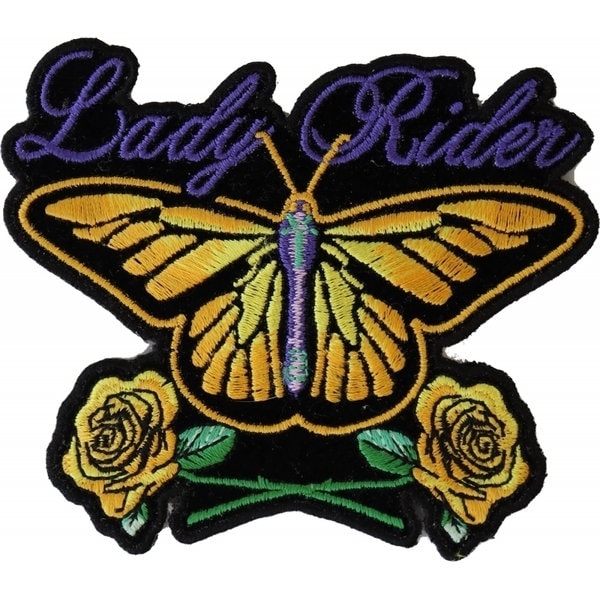 Lady Rider Butterfly With Yellow Roses Small Patch - 4x4 inch – Biker Embroidered Patch Appliqué Craft Supply