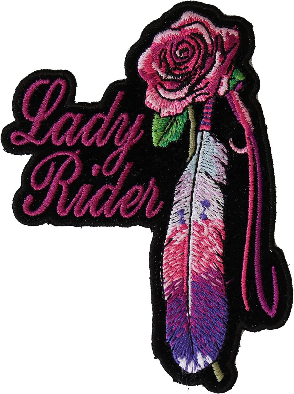 Lady Rider with Purple Rose and Feather Vertical Small Patch - 3x4 inch – Biker Embroidered Patch Appliqué Craft Supply