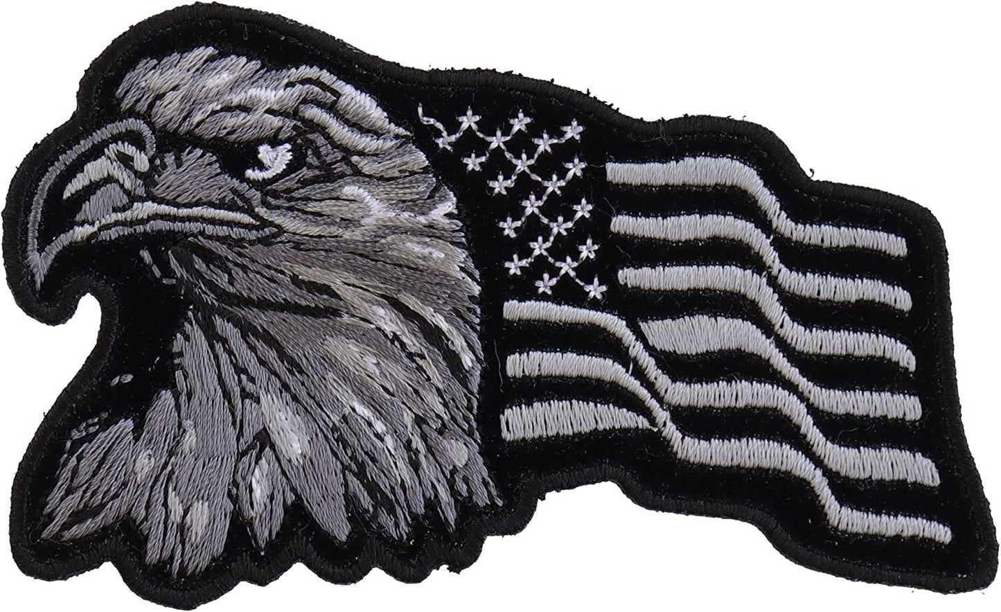 Eagle with Waving Flag Black Silver Patch - 4x2.5 inch – Motorcycle Embroidered Patch Appliqué Craft Supply