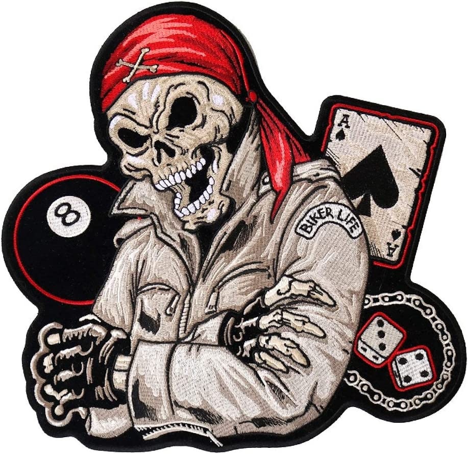 Biker Guy Skull with Ace of Spades, 8 Ball and Dice Patch - 4x4 inch – Motorcycle Embroidered Patch Appliqué Craft Supply