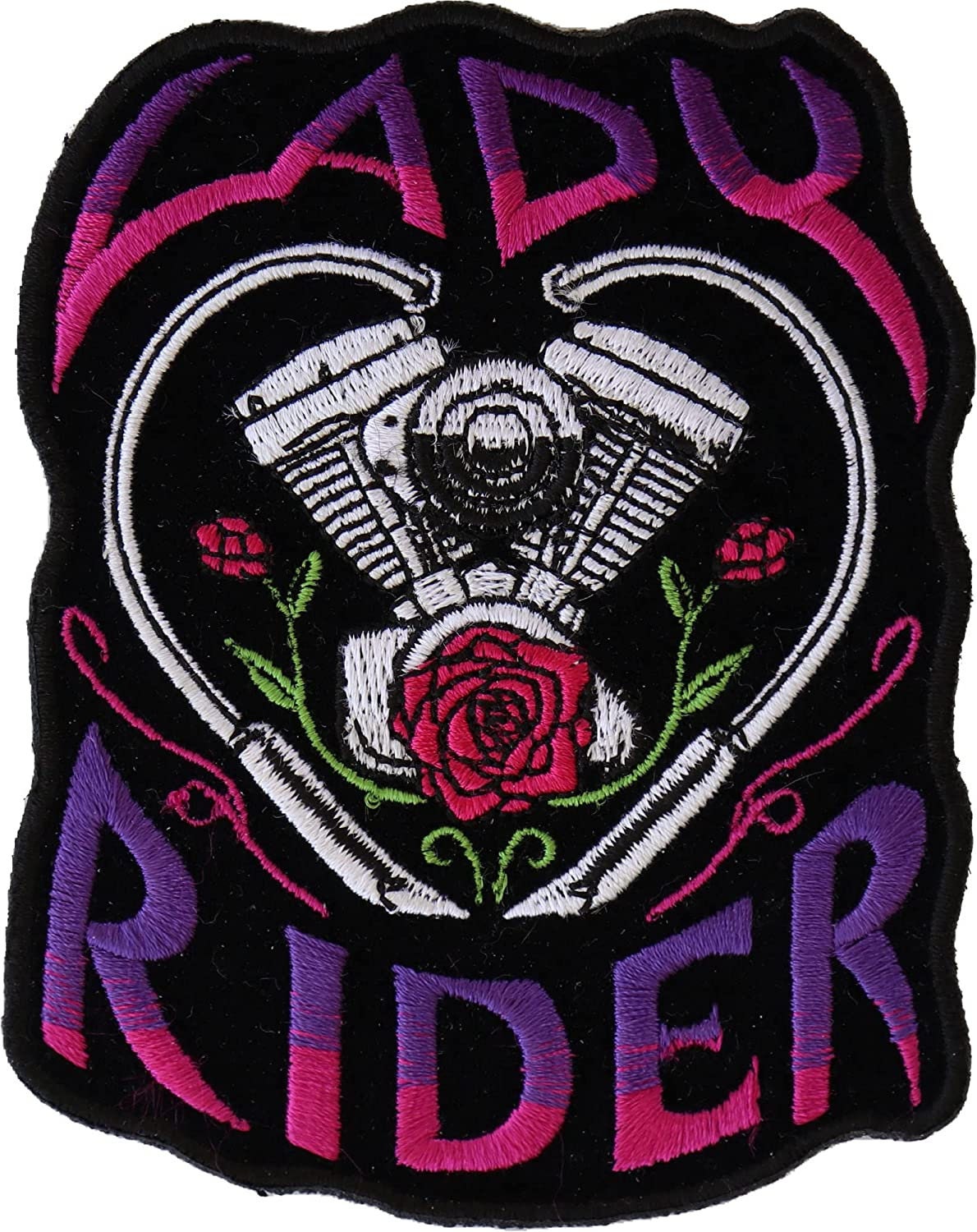 Lady Rider Path with Engine Roses - 3x3.8 inch – Biker Embroidered Patch Appliqué Craft Supply
