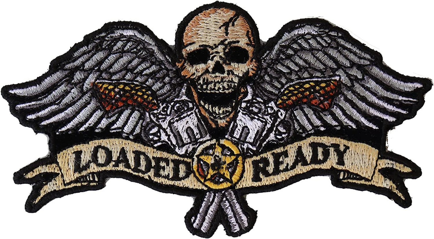 Loaded and Ready Skull Wings Guns Small Patch - 4.5x2.5 inch – Motorcycle Embroidered Patch Appliqué Craft Supply