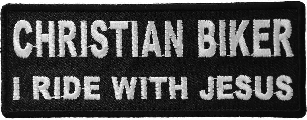 Christian Biker I Ride with Jesus Patch - 4x1.5 inch – Christian Embroidered Patch Appliqué Craft Supply