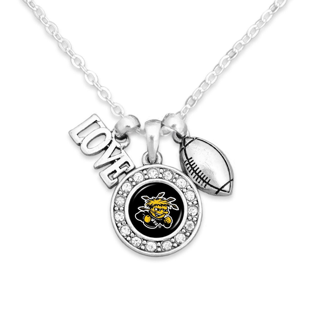Officially Licensed WICHITA STATE SHOCKERS Necklace with Football, Love and Logo Pewter Charms Sterling Plated - Wichita State University