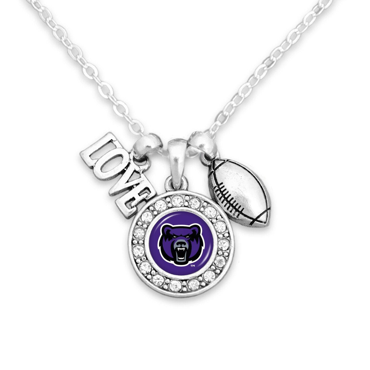 Officially Licensed CENTRAL ARKANSAS BEARS Necklace with Football, Love and Logo Pewter Charms Sterling Plated - Univ of Central Arkansas