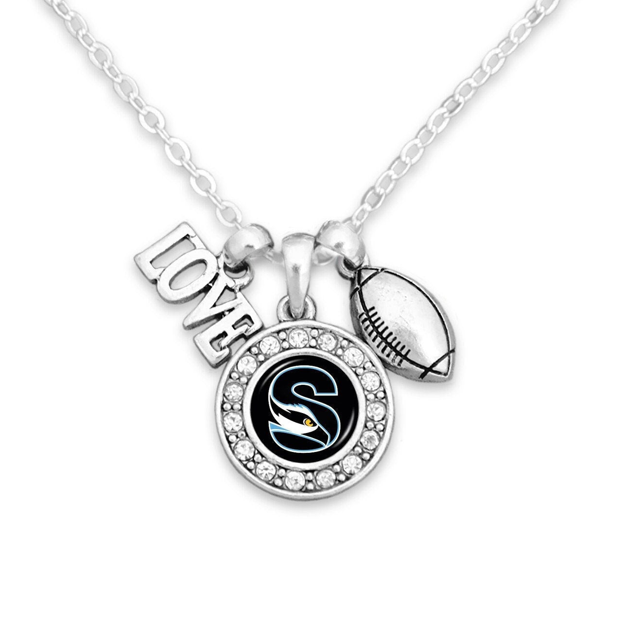 Officially Licensed STOCKTON OSPREYS Necklace with Football, Love and Logo Pewter Charms Sterling Plated - Stockton University