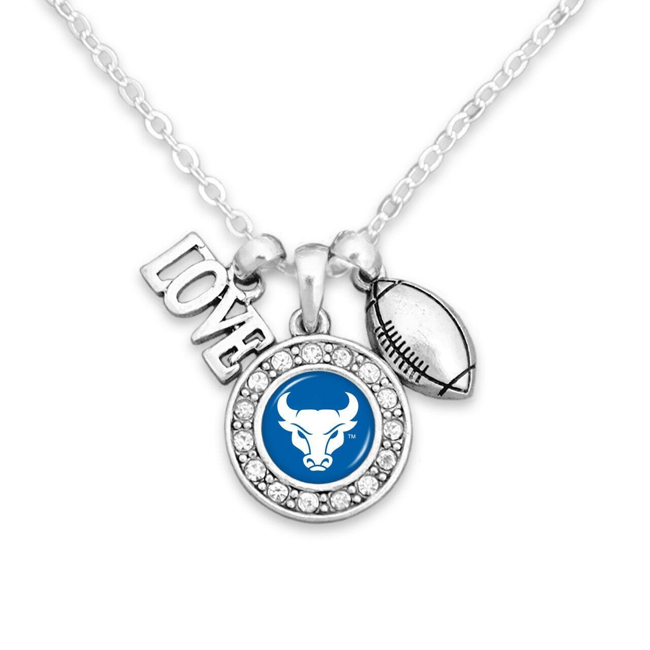 Officially Licensed BUFFALO BULLS Necklace with Football, Love and Logo Pewter Charms Sterling Plated - University at Buffalo