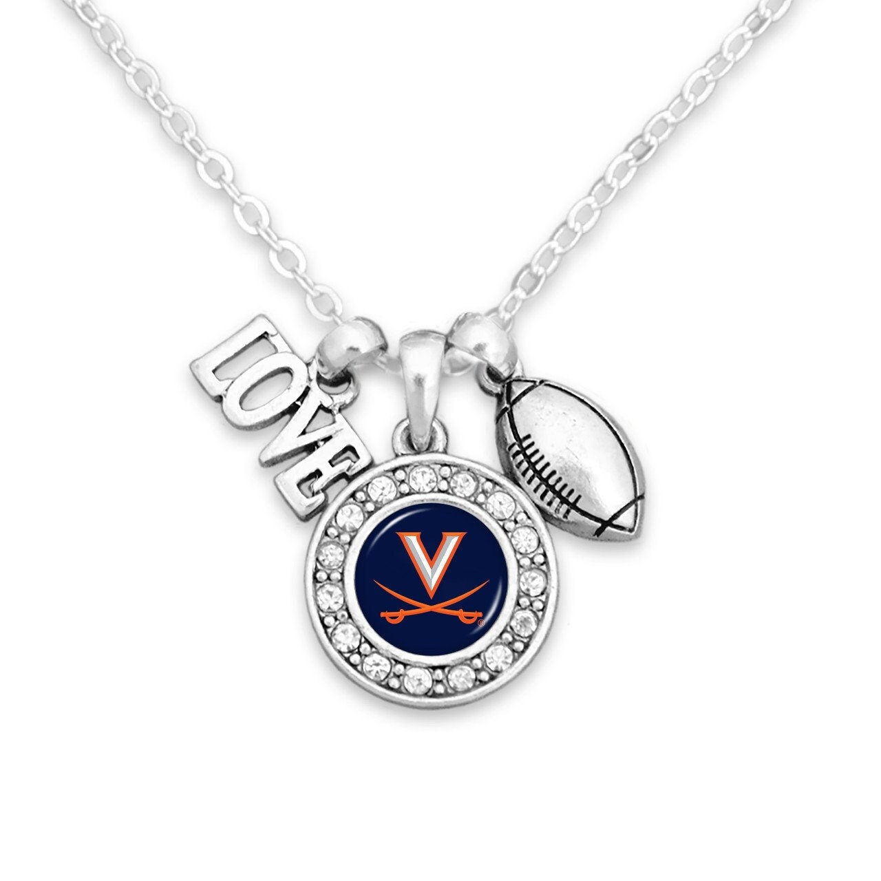 Officially Licensed VIRGINIA CAVALIERS Necklace with Football, Love and Logo Pewter Charms Sterling Plated - University of Virginia