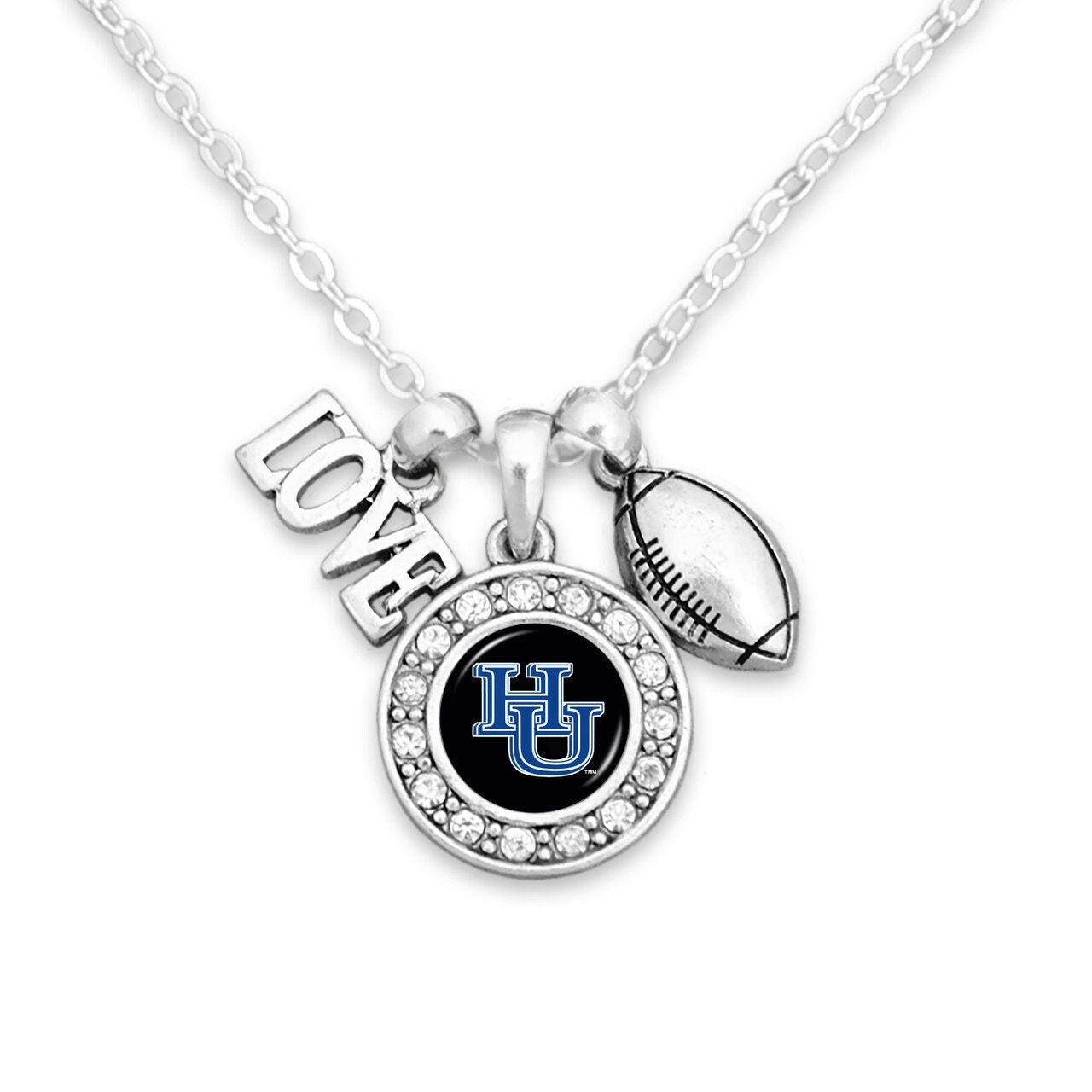 Officially Licensed HAMPTON PIRATES Necklace with Football, Love and Logo Pewter Charms Sterling Plated - Hampton University