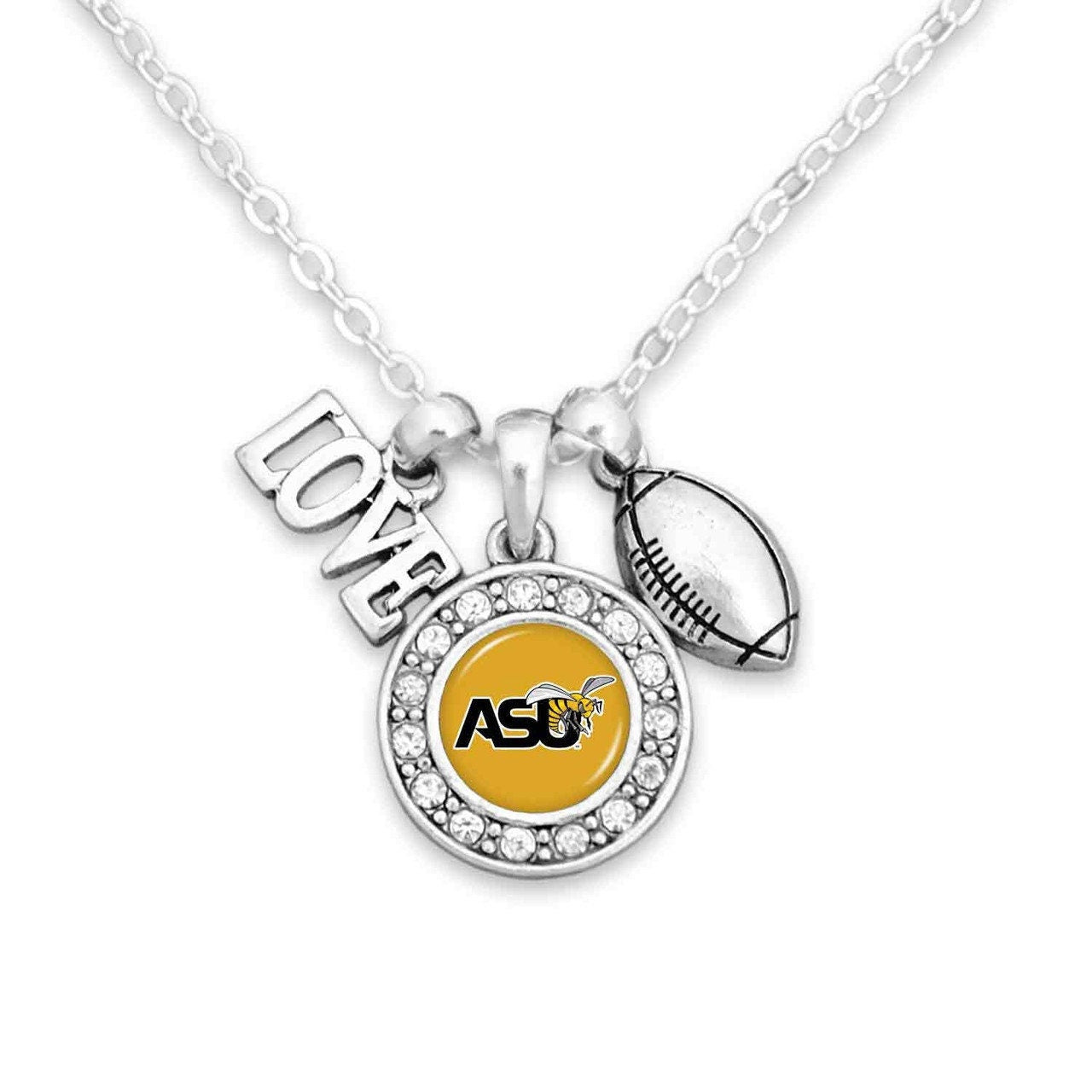Officially Licensed ALABAMA STATE HORNETS Necklace with Football, Love and Logo Pewter Charms Sterling Plated - Alabama State University
