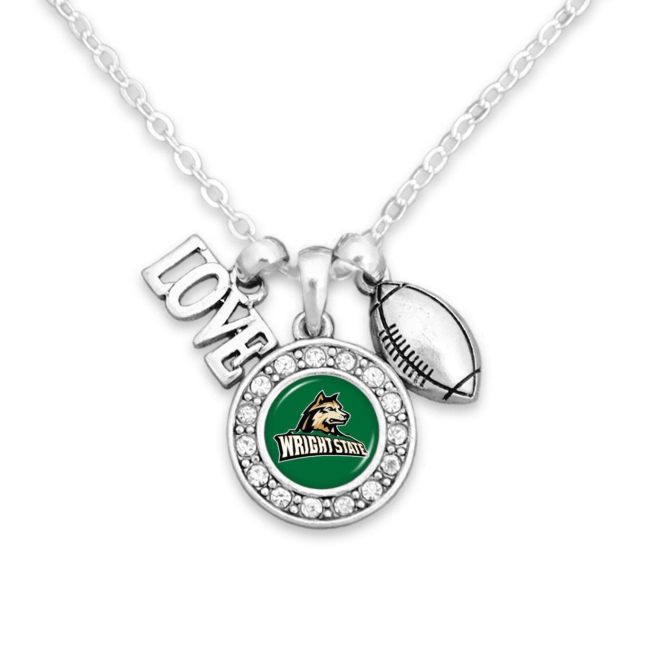 Officially Licensed WRIGHT STATE RAIDERS Necklace with Football, Love and Logo Pewter Charms Sterling Plated - Wright State University