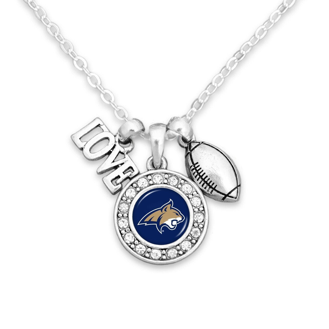 Officially Licensed MONTANA STATE BOBCATS Necklace with Football, Love and Logo Pewter Charms Sterling Plated - Montana State University