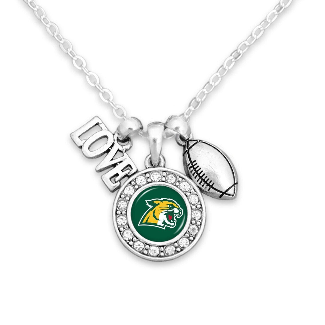 Officially Licensed NORTHERN MICHIGAN WILDCATS Necklace with Football, Love and Logo Pewter Charms Sterling Plated - Northern Michigan Univ