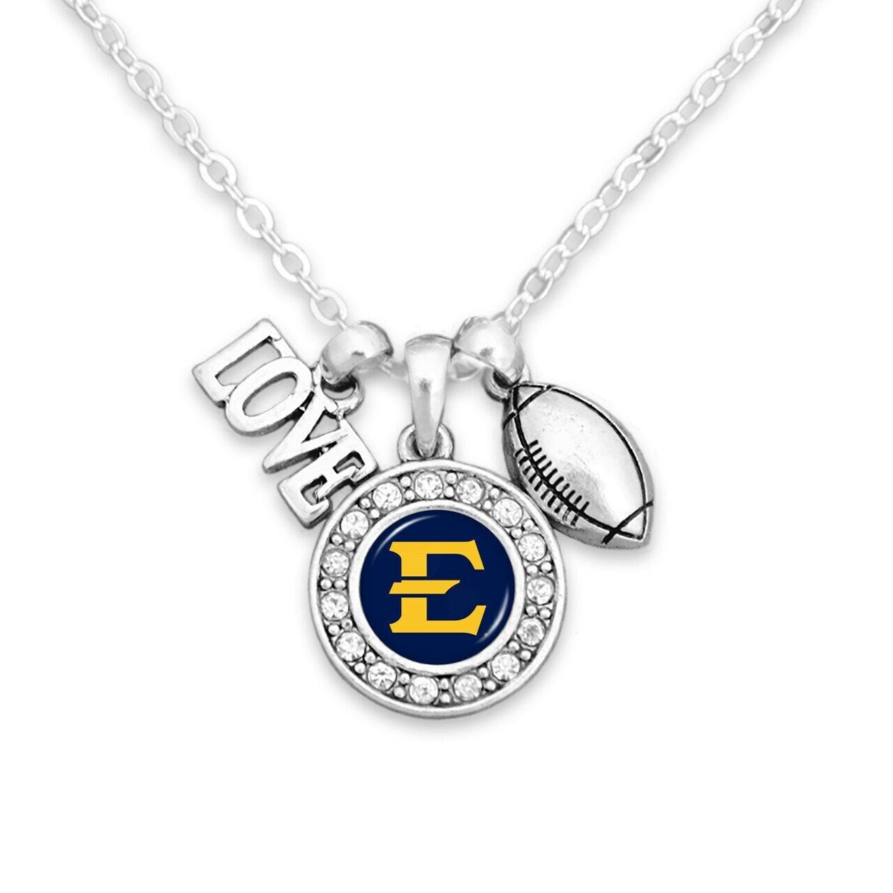 Officially Licensed EAST TENNESSEE STATE Necklace with Football, Love and Logo Pewter Charms Sterling Plated - Etsu Buccaneers